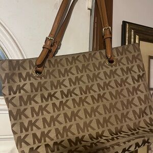 Michael Kors Signature MK Logo Tote in Brown/Tan